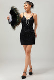 Sparkly Black Sequins V Neck Bodycon Gatsby Short 1920s Dress