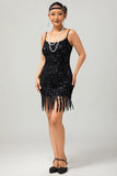 Saprkly Black Spaghetti Straps Fringed Sequins 1920s Dress with Accessories Set