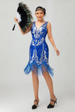 Sparkly Royal Blue Sequins Gatsby Midi 1920s Dress with Fringes