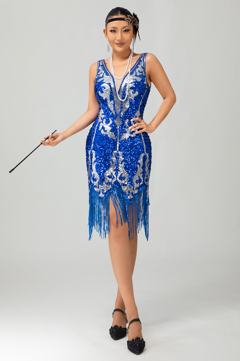 Sparkly Royal Blue Sequins Gatsby Midi 1920s Dress with Fringes