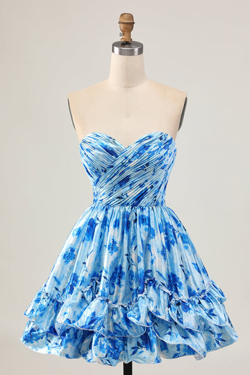Strapless A Line Blue Floral Short Ruched Homecoming Dress