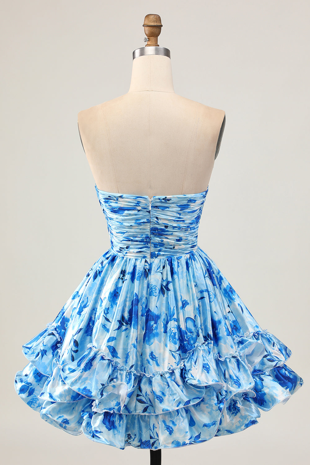 Strapless A Line Blue Floral Short Ruched Homecoming Dress