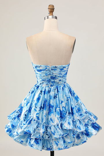 Strapless A Line Blue Floral Short Ruched Homecoming Dress