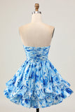 Strapless A Line Blue Floral Short Ruched Homecoming Dress