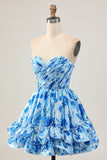 Strapless A Line Blue Floral Short Ruched Homecoming Dress