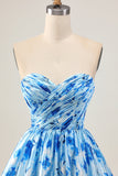 Strapless A Line Blue Floral Short Ruched Homecoming Dress