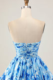 Strapless A Line Blue Floral Short Ruched Homecoming Dress