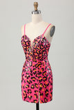 Sparkly Fuchsia Leopard Bodycon Short Homecoming Dress with Sequin