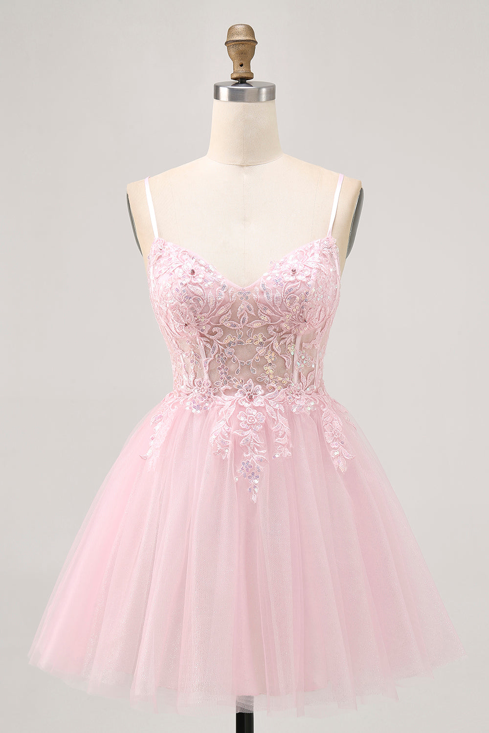 Pink A Line Corset Tulle Short Homecoming Dress with Appliques