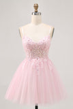 Pink A Line Corset Tulle Short Homecoming Dress with Appliques