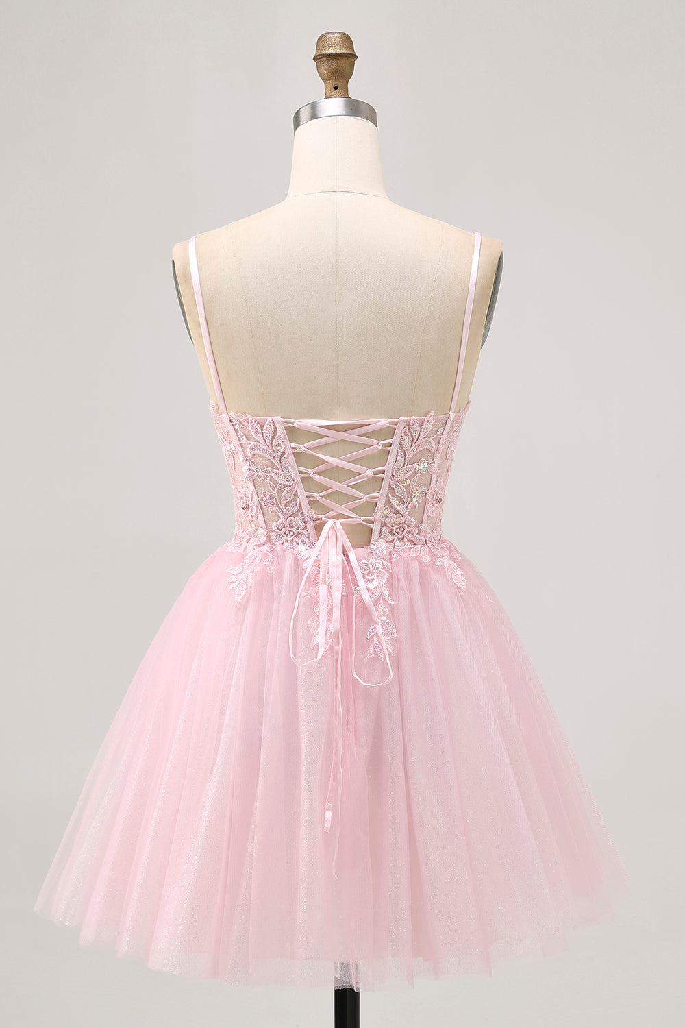 Pink A Line Corset Tulle Short Homecoming Dress with Appliques