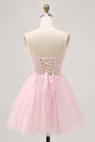 Pink A Line Corset Tulle Short Homecoming Dress with Appliques