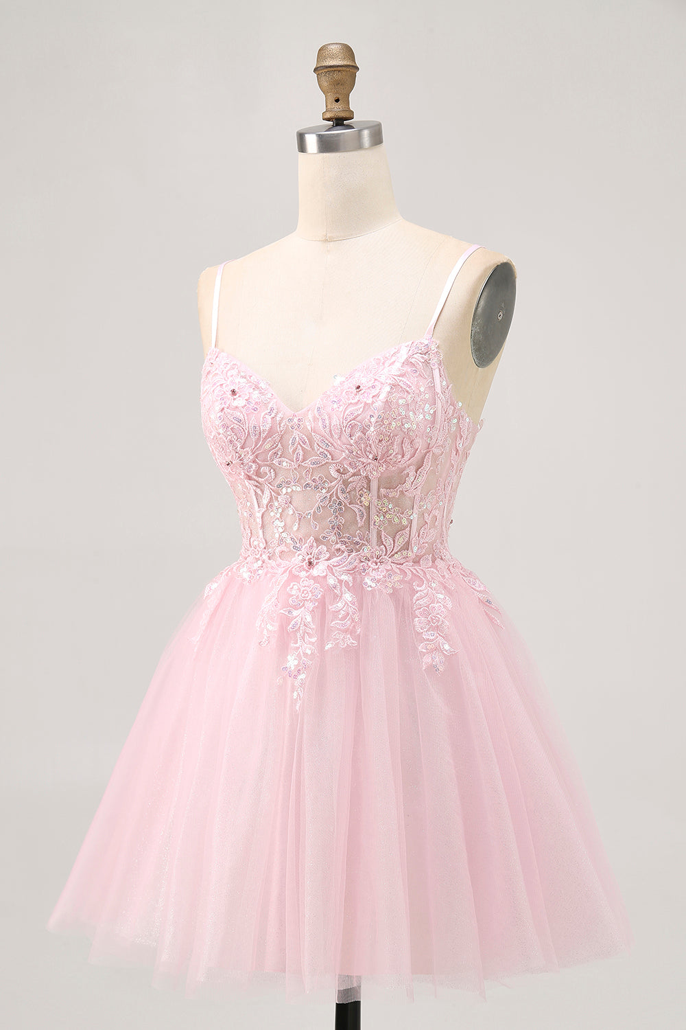 Pink A Line Corset Tulle Short Homecoming Dress with Appliques