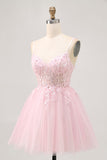Pink A Line Corset Tulle Short Homecoming Dress with Appliques