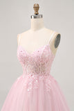 Pink A Line Corset Tulle Short Homecoming Dress with Appliques