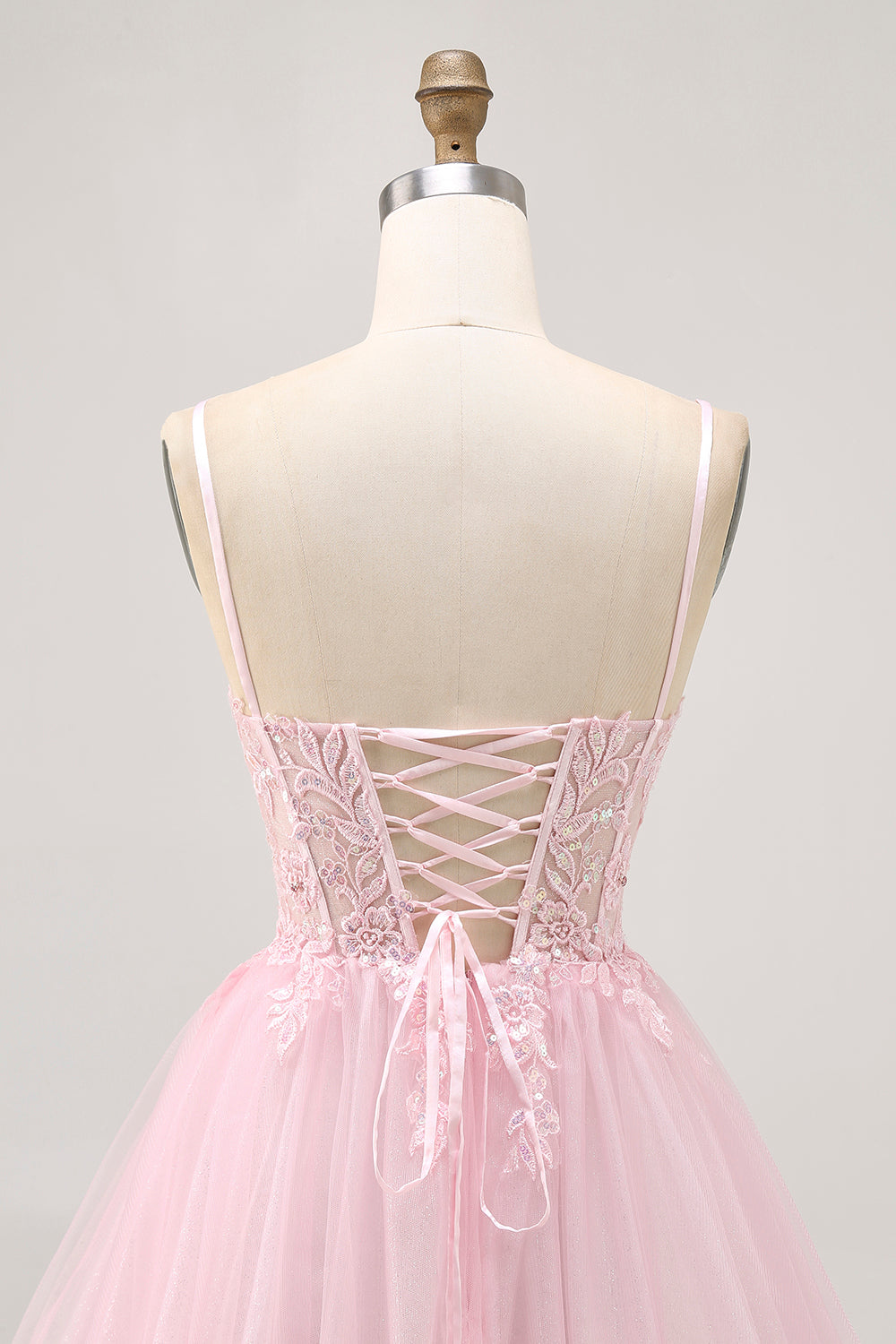 Pink A Line Corset Tulle Short Homecoming Dress with Appliques