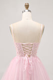 Pink A Line Corset Tulle Short Homecoming Dress with Appliques