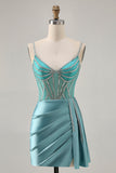 Sparkly Green Satin Bodycon Beaded Short Homecoming Dress with Streamer