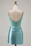 Sparkly Green Satin Bodycon Beaded Short Homecoming Dress with Streamer