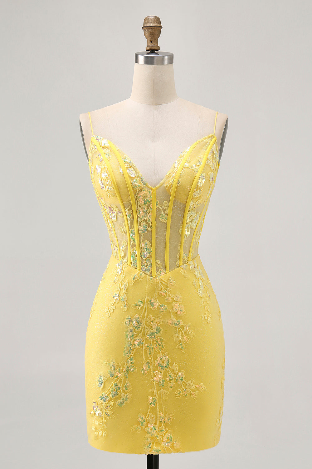 Floral Yellow Corset Tight Short Homecoming Dress with Sequins