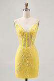 Floral Yellow Corset Tight Short Homecoming Dress with Sequins