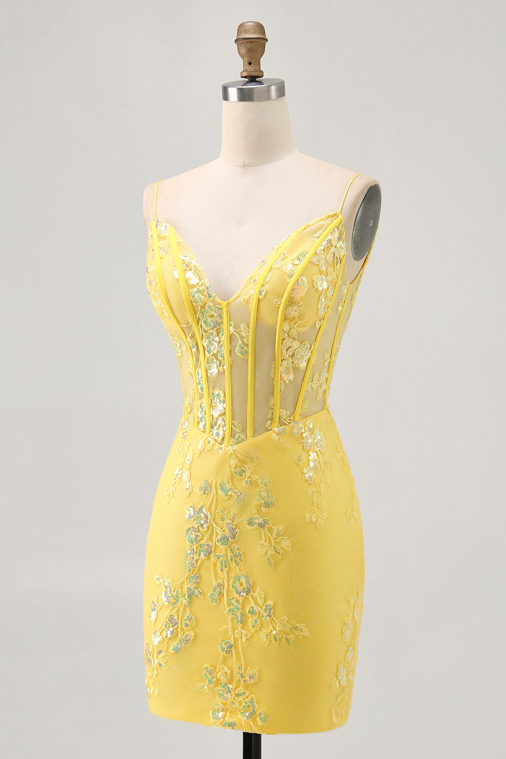 Floral Yellow Corset Tight Short Homecoming Dress with Sequins