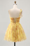 Yellow One Shoulder Sequins Printed A Line Homecoming Dress