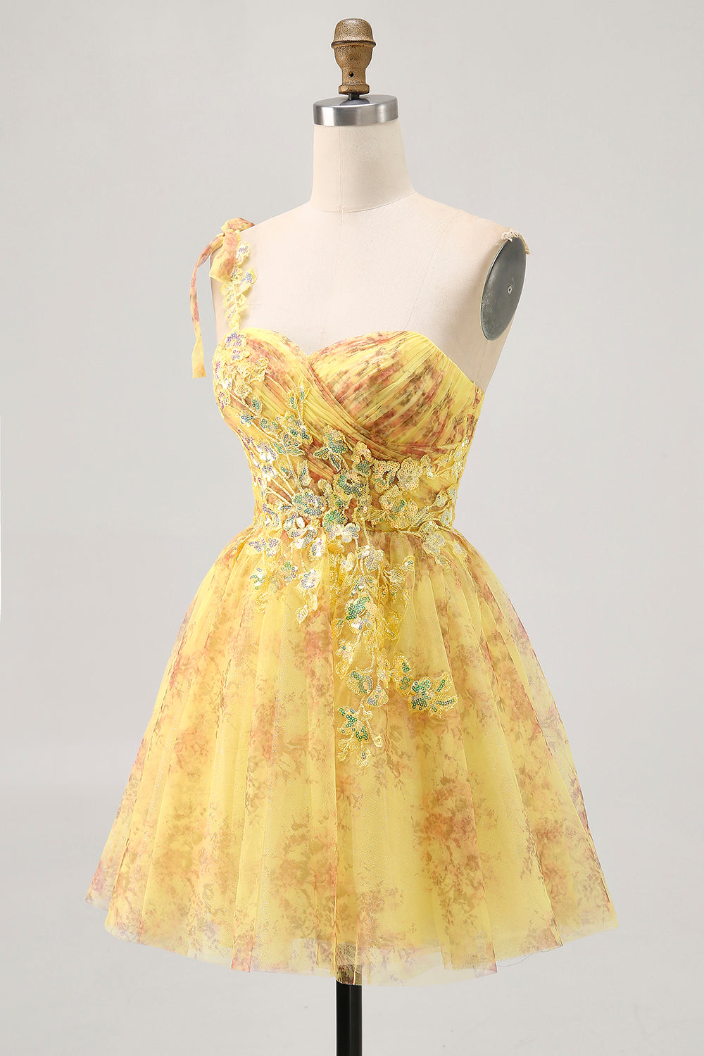 Yellow One Shoulder Sequins Printed A Line Homecoming Dress