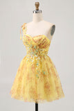 Yellow One Shoulder Sequins Printed A Line Homecoming Dress