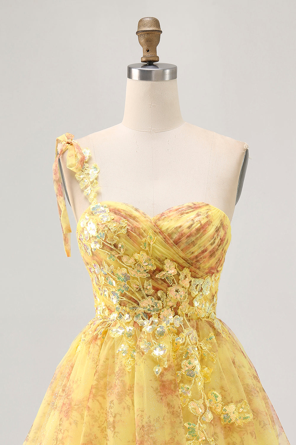 Yellow One Shoulder Sequins Printed A Line Homecoming Dress