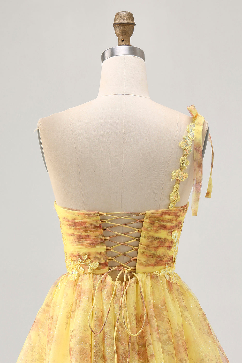 Yellow One Shoulder Sequins Printed A Line Homecoming Dress