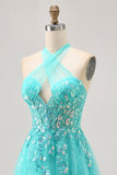 Halter Appliqued A Line Short Green Homecoming Dress