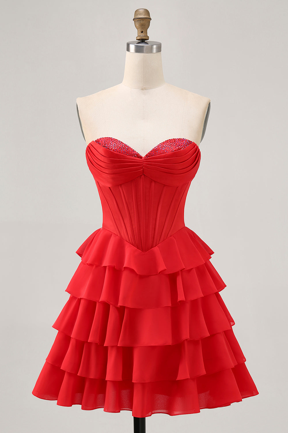 Strapless Red A Line Tiered Corset Short Homecoming Dress