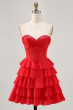 Strapless Red A Line Tiered Corset Short Homecoming Dress