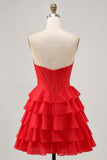 Strapless Red A Line Tiered Corset Short Homecoming Dress