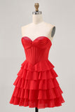 Strapless Red A Line Tiered Corset Short Homecoming Dress