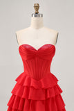 Strapless Red A Line Tiered Corset Short Homecoming Dress