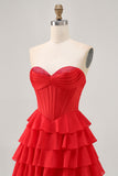 Strapless Red A Line Tiered Corset Short Homecoming Dress