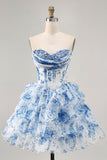 White Blue Flower A-Line Strapless Sequins Printed Homecoming Dress