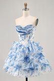 White Blue Flower A-Line Strapless Sequins Printed Homecoming Dress