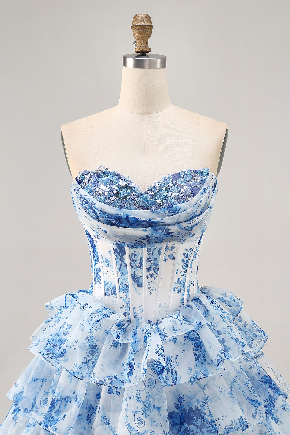 White Blue Flower A-Line Strapless Sequins Printed Homecoming Dress