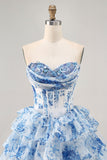 White Blue Flower A-Line Strapless Sequins Printed Homecoming Dress