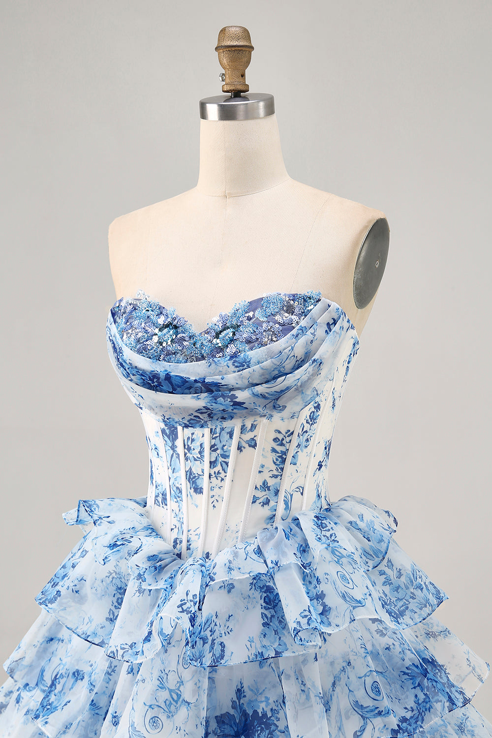 White Blue Flower A-Line Strapless Sequins Printed Homecoming Dress