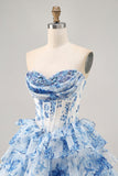 White Blue Flower A-Line Strapless Sequins Printed Homecoming Dress