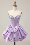 Sparkly Purple A-Line Strapless Sequins Short Homecoming Dress with Bow
