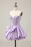 Sparkly Purple A-Line Strapless Sequins Short Homecoming Dress with Bow