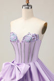 Sparkly Purple A-Line Strapless Sequins Short Homecoming Dress with Bow