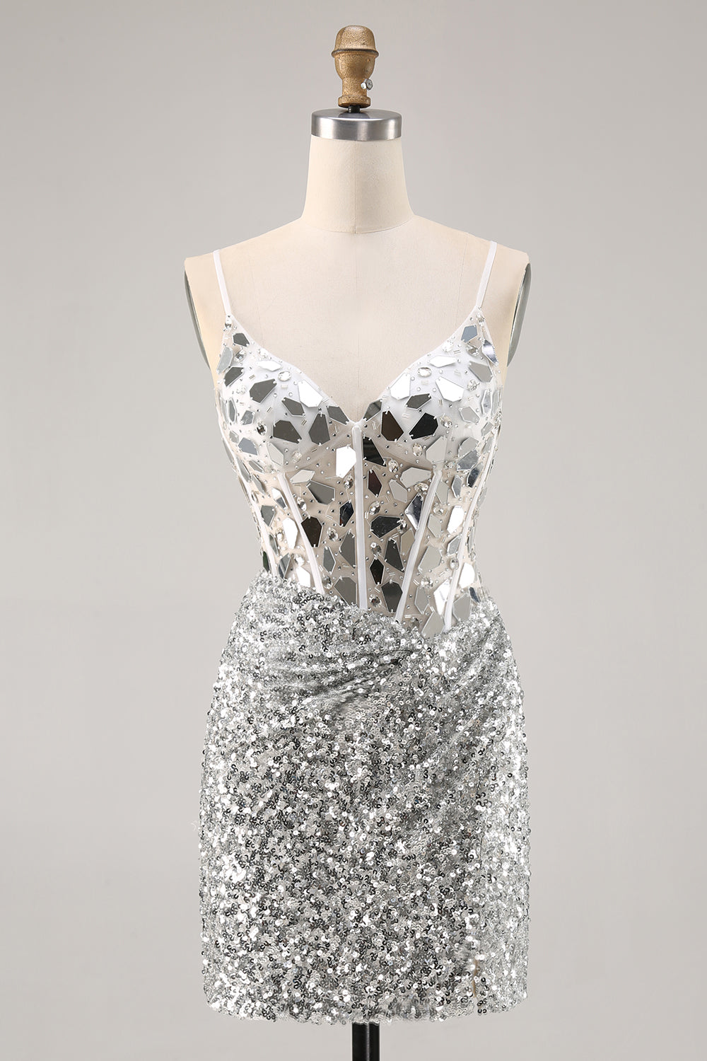 Sparkly Silver Mirror Sequins Corset Short Cocktail Dress