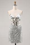 Sparkly Silver Mirror Sequins Corset Short Cocktail Dress