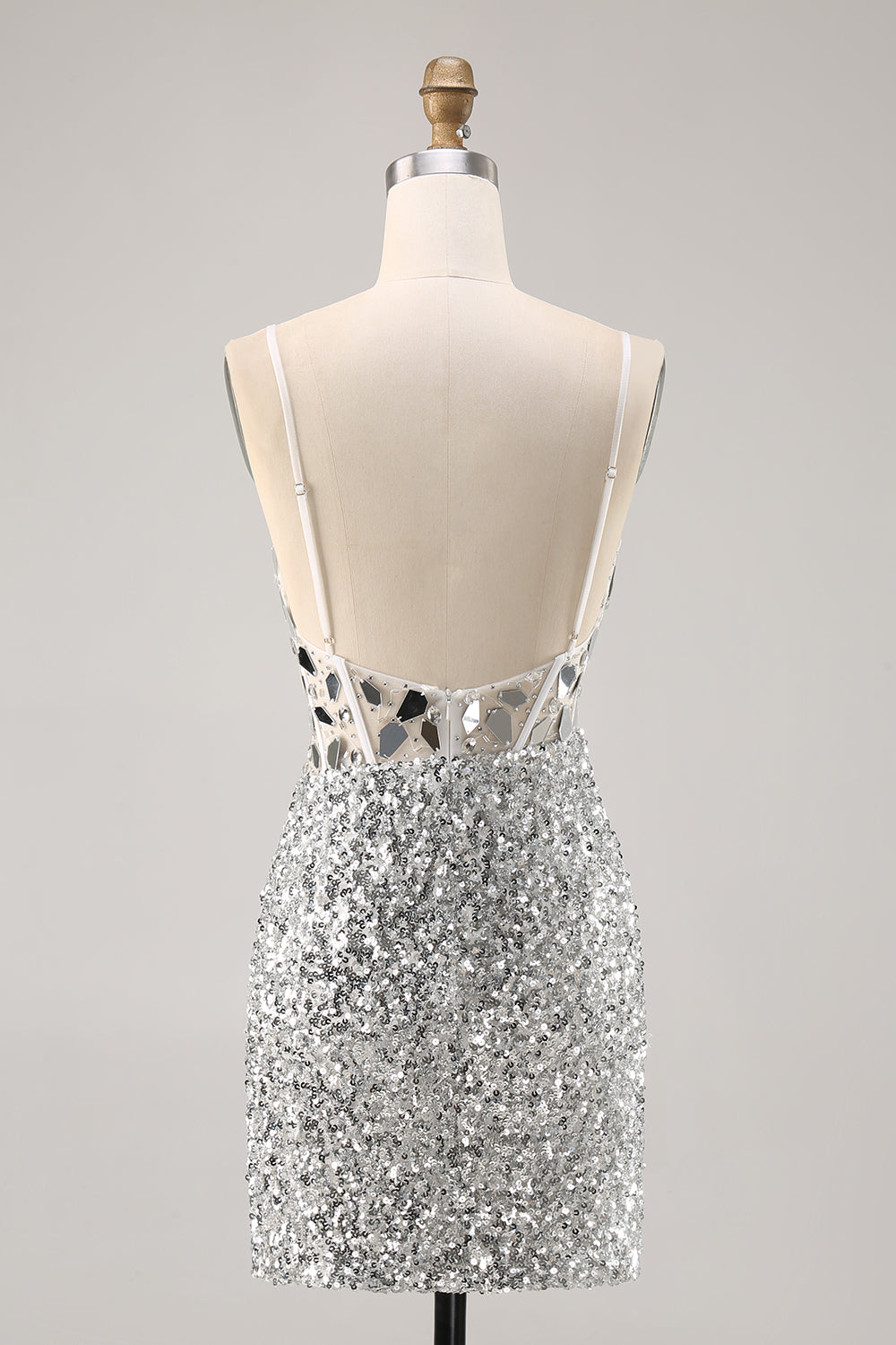 Sparkly Silver Mirror Sequins Corset Short Cocktail Dress